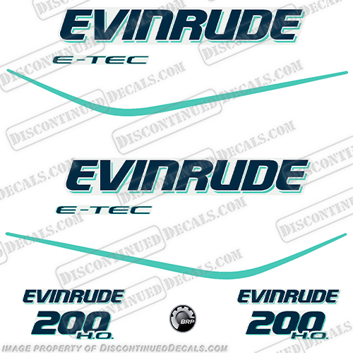 Evinrude 200hp H.O. High Output E-TEC Outboard Decal Kit - Aqua etec, 200, evinrude, e, tec, e-tec, outboard, motor, engine, high, output, decal, set, sticker, kit, 