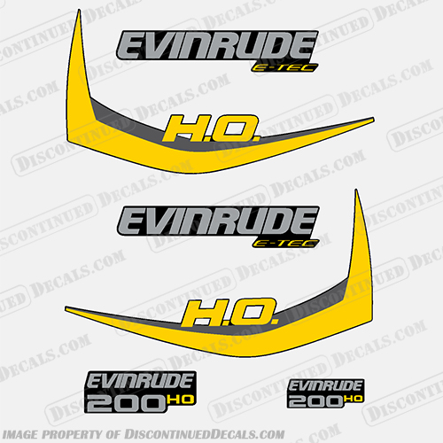 Evinrude 200hp High Output E-Tec Decal Kit (Yellow) - 2011-2014 evinrude, 200, 200hp, hp, e-tec, etec, 2014, 2011, 2012, 2013, g1, generation, outboard, engine, motor, decal, sticker, kit, set, red, decals, stickers, high, output, ho, yellow