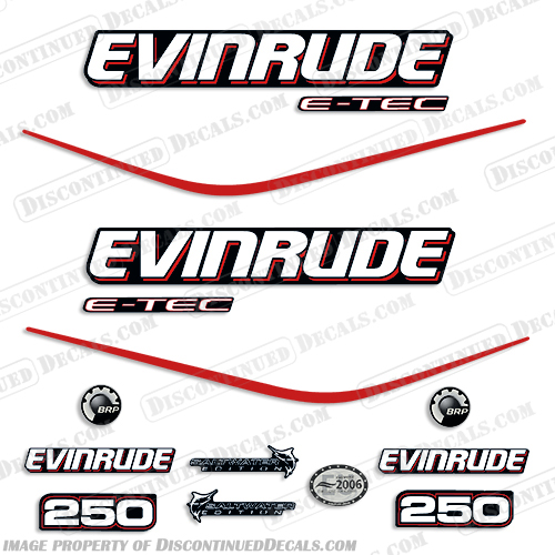 Evinrude 250hp E-Tec Decal Kit - Black Cowl evinrude, decals, 250, 250hp, hp, e-tec, etec, saltwater, edition, black, cowl, 2004, 2005, 2006, 2007, 2008, 2009, decal, sticker, kit, set,