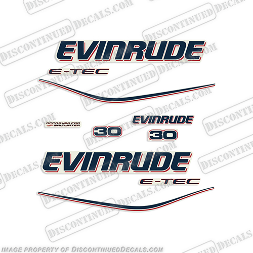 Evinrude 30hp E-Tec Decal Kit  evinrude, decals, 30, hp, e-tec, 2009, 2010, 2011, 2012, 2013, outboard, motor, stickers