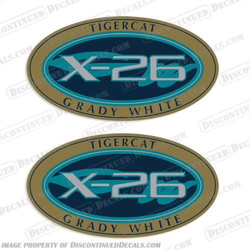 Grady White Tigercat X-26 Logo Decals (Set of 2) grady, white, 26, Tigercat, new, colors, decals, stickers, set, of, two, 2, X26, X-26