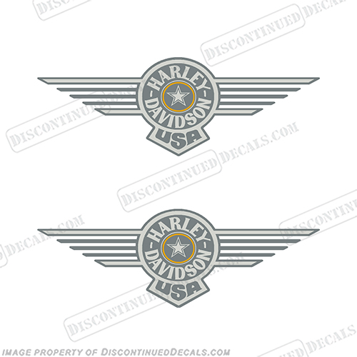 Harley-Davidson Fuel Tank Motorcycle Decals 1990 model (Set of 2) - Fatboy with yellow ring harley, harley davidson, harleydavidson, fatboy, fat boy, fat, boy, grey, yellow, emblem, decal, sticker, 1990, 90', '90, 90s', INCR10Aug2021