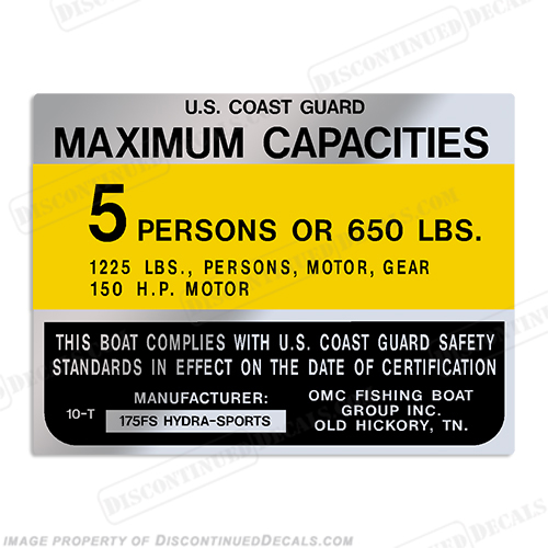 Hydra-Sports 175FS 5 Person Boat Capacity Plate Decal INCR10Aug2021