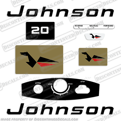 Johnson 1968 20hp Full Decal Kit  johnson, decals, 20, hp, vintage, antique, outboard, motor, engine, decal, sticker, kit, set, 1968