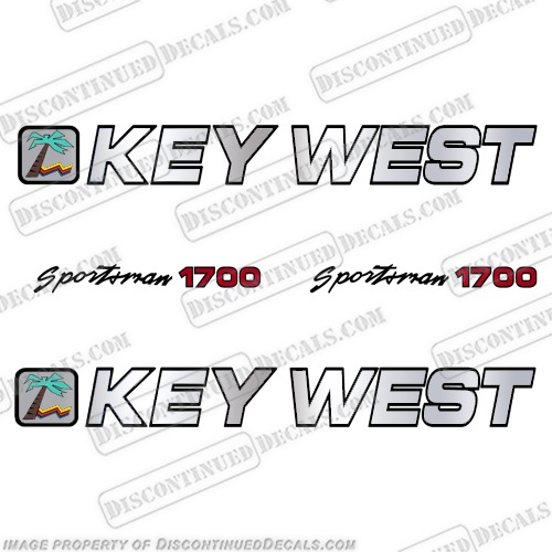 Key West Sportsman 1700 Chrome / Red Boat Decals  sportsman, sports, man, sportman, sportsmen, key, west, keywest, boat, boats, decal, sticker, kit, set chrome, palm, tree, 1700, 1500, 1900, 1720