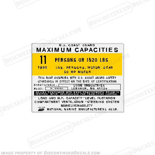 Lowe Industries 18 Malibu Capacity Decal - 11 Person capacity, plate, sticker, decal, 18 foot, INCR10Aug2021