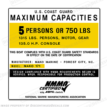 Mako 171 Capacity Plate Decal - 5 Person INCR10Aug2021