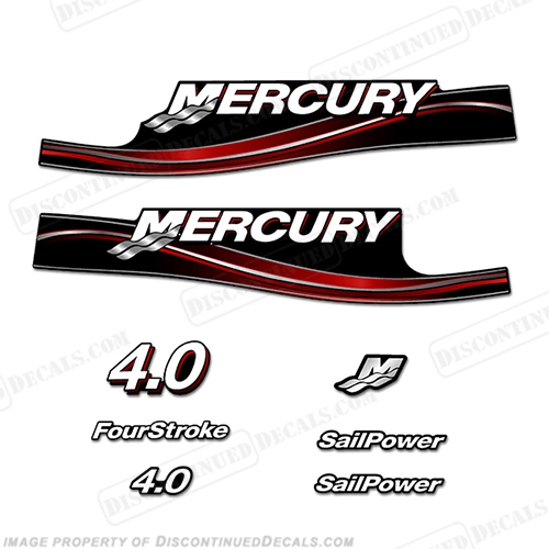 Mercury 4.0hp Four Stroke Decal Kit - Red mercury, 4hp, 4.0, 4 hp, 4.0hp, hp, 4, 6, fourstroke, sail power, sailpower, motor, engine, decals, 4s, 4-stroke, 4 stroke, stroke, sail, power, INCR10Aug202121