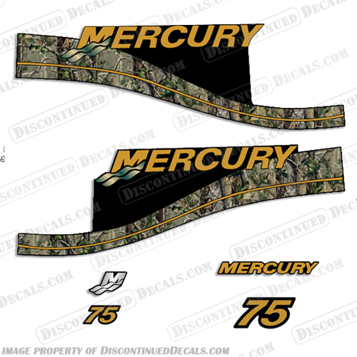 Mercury Custom 75 2-Stroke Decal Kit - Real Camo Style  mercury, decals, 75, hp, elpto, real, tree, camo, camoflauge, outboard, motor, engine, decal, sticker, kit, set