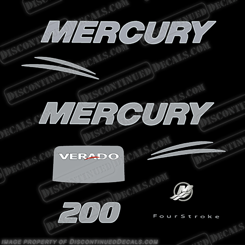 Mercury 200hp Verado Fourstroke Decal Kit - Chrome/Silver 2008-2011 mercury, 200, verado, chrome, silver, decals, sticker, kit, set, decal, hp, 200hp, 2008, 2009, 2010, 2011, 2012