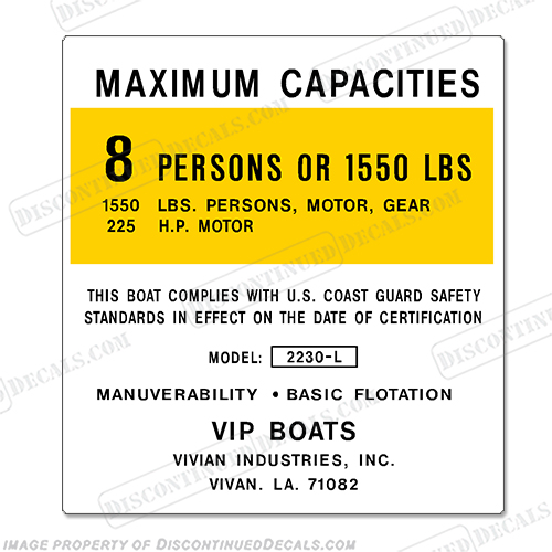 VIP Boats 2230-L Capacity Decal - 8 Person  capacity, plate, sticker, decal, 2230, INCR10Aug2021