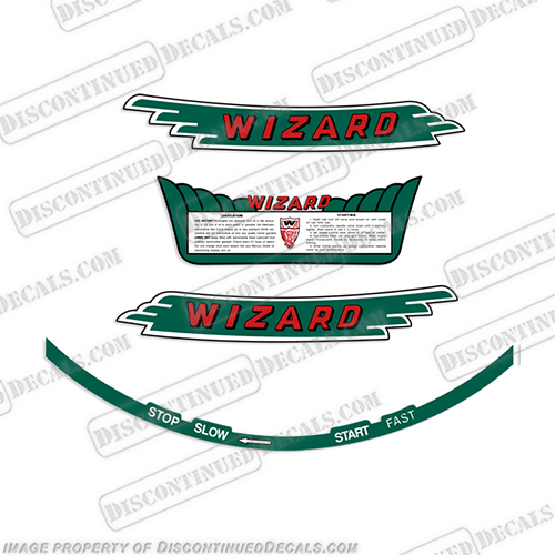 Wizard WB2 WB4 Outboard Engine Decal Kit - 1940's Wiz, wizard, mercury, power, matic, powermatic, wb2, wb, wb4, wb 2, wb 4,  hp, 1940, 1941, 1942, 1943, 1944, 1945, 1946, 1947, 1948, 1949,, outboard motor, tiller, engine, decal, sticker, kit, set, INCR10Aug2021