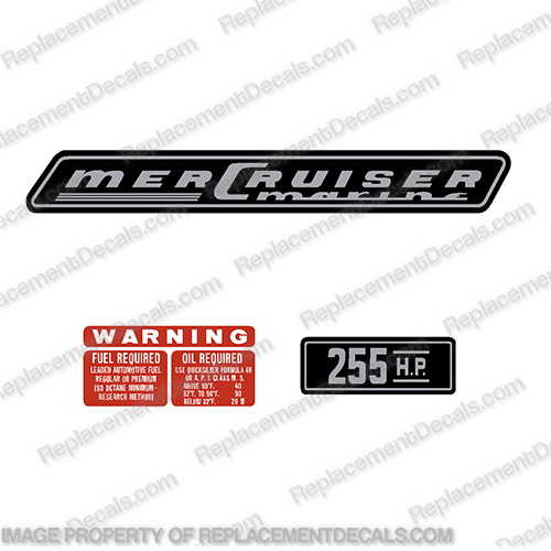 Mercury Mercruiser 255hp Inboard Motor Decals  mercury, mercruiser, 255, hp, inboard, boat, motor, engine, valve, cover, decal, sticker, kit, set, of, decals, 1970, 1971, 1972, 1973, 1974, 1975 , 1976, 1977