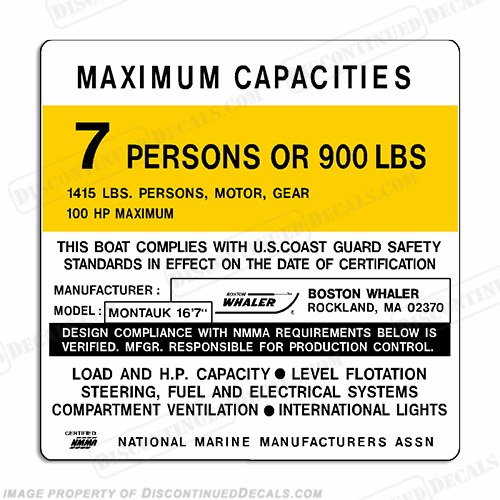 Boston Whaler Montauk Capacity Plate Decal - 7 Person INCR10Aug2021