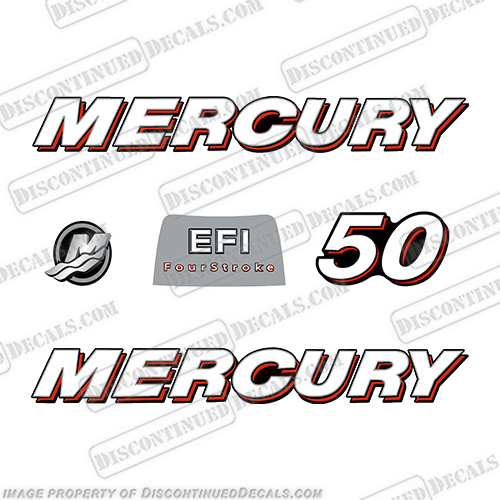 Mercury 50hp 4-Stroke EFI Decal Kit - 2006-2012 (Straight) 2006, 2012, mercury, 50, straight, boat, decals, motor, engine, outboard, kit
