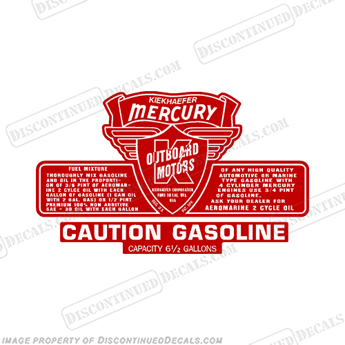 Mercury Kiekhaefer 1953-1956 6 1/2  Gallon Gas Tank Decal  Mercury, Kiekhaefer, 1953, 1954, 1955, 1956, 6, 1/2, .5,six, and, half, Gallon, fuel, Gas, Tank, Decal, label, INCR10Aug2021