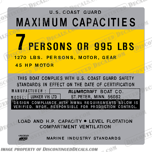 Alumacraft Lunker V16 LTD Boat Capacity Decal - 7 Person aluma craft, Lunker, 16, SS, Alumacraft, Boat, Capacity, Decal, Decals, 7, person, 995, pounds