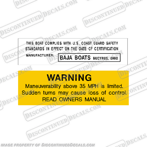 Baja Boats Certification and Maneuverability Warning Decal Package capacity, plate, sticker, decal, regulation, coast, guard, warning, certification, maneuverability, manufacturer, coast, guard