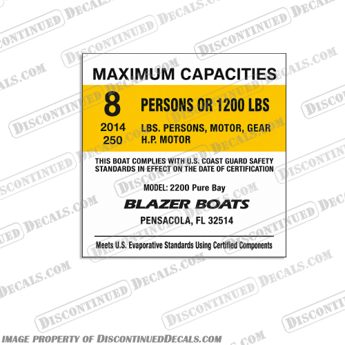 Blazer Boats 2200 Pure Bay 8 Person Decal capacity, plate, sticker, decal, Balzer, Boat, Boats, 2200, Pure, Bay, 8, Person, People, 