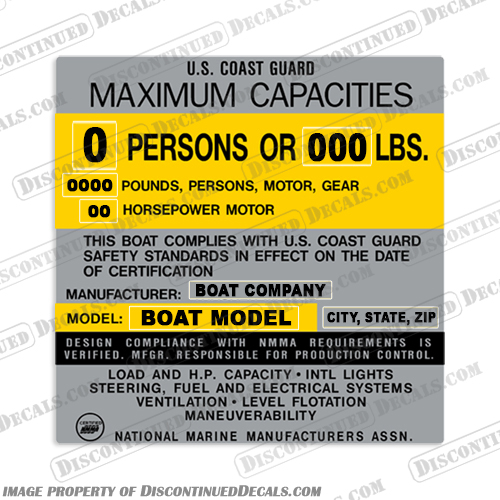 Boat Capacity Plate Decal - Generic Type B - 4" Tall by 4" Wide boat, capacity, decal, sticker, kit, set, 4, by, 4, silver, 4x4, 4 x 4, 4 by 4,