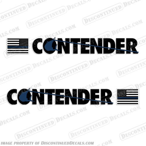 Contender Boat Logo Decal w/Flag - Set of 2 (Black/Blue) contedner, flag, boat, decals, stickers, set, of, 2, black , blue, lettering, logo, 