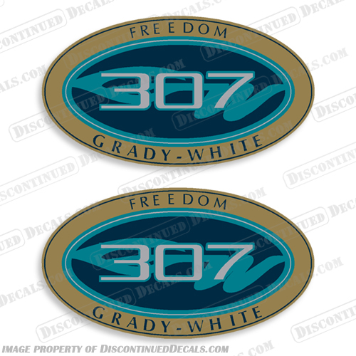 Grady White Freedom 307 Logo Decals (Set of 2) grady, white, 307, tournament, new, colors, decals, stickers, kit, set, of, two, 2, logo, logos, freedom, oval, boat, 