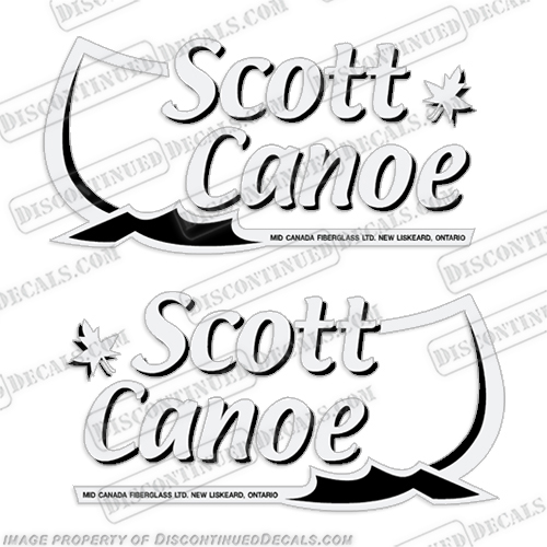 Scott Canoe Boat Decals - White/Black (Set of 2)   boat, logo, lettering, label, decal, sticker, kit, set, cadillac, scott, canoe, 