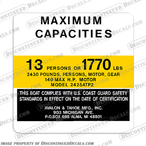 Avalon & Tahoe Boat Capacity Decal - 13 Person capacity, plate, sticker, decal, avalon, &, tahoe, and, boat, 13, thirteen, Person, capacity, plate, console, decal, sticker