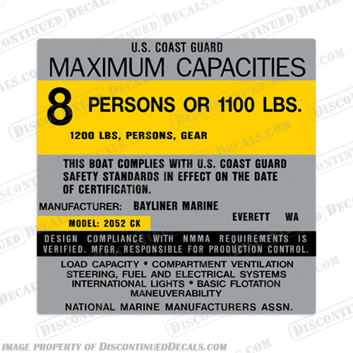 Bayliner Marine 2052CK Capacity Plate Decal - 8 Person bay, liner, bayliner, marine, 2052, capacity, plate, sticker, decal, regulation, coast, guard,