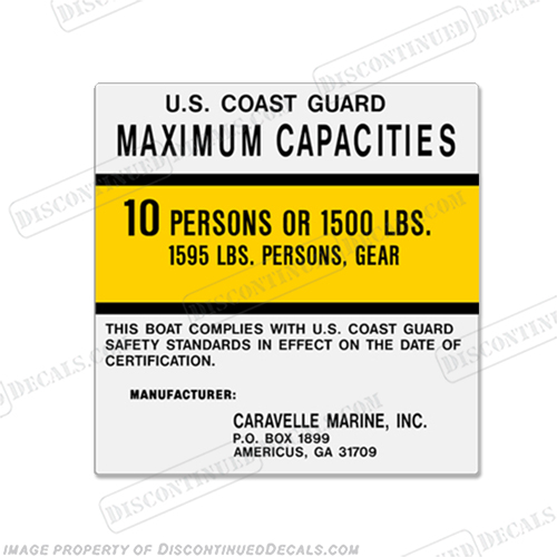 Caravelle 212 Capacity Decal - 10 Person capacity, plate, sticker, decal, 212, 10, INCR10Aug2021
