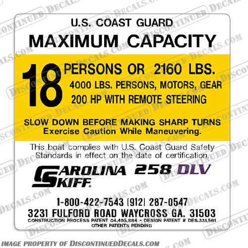 Carolina Skiff 258 DLV Decal - 18 Person carolina, skiff, boats, 1780, dlv, 18, person, boat, capacity, decal, sticker,
