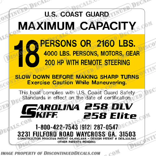 Carolina Skiff 258 DLV Elite Decal - 18 Person carolina, skiff, boats, 1780, dlv, 18, person, boat, capacity, decal, sticker, Elite