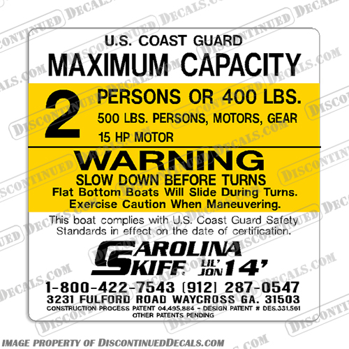 Carolina Skiff 14 ft Lil Jon Capacity Decal - 2 Person carolina, skiff, boats, person, boat, capacity, decal, sticker, 14, ft, lil, jon, 2 person, two, 2,