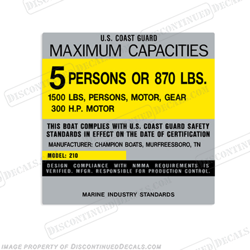 Champion 210 Capacity Decal - 5 Person capacity, plate, sticker, decal, INCR10Aug2021