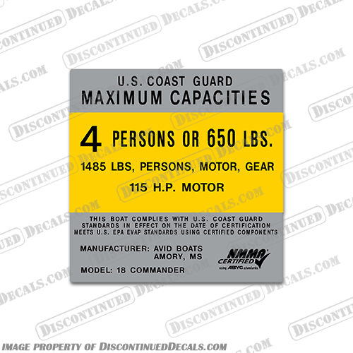 Capacity Decal for Avid 18 Commander 4 Person Boats Capacity, Decal, for, Avid, 18, commander, 4, person, people, persons, boat, boats,