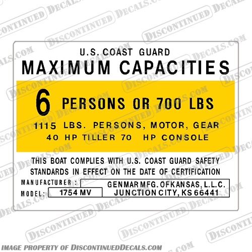 Genmar 1754 Boat Capacity Decal - 6 Person capacity, plate, sticker, decal, Genmar, 1754, boat, 6, six, Person, capacity, plate, console, decal, sticker