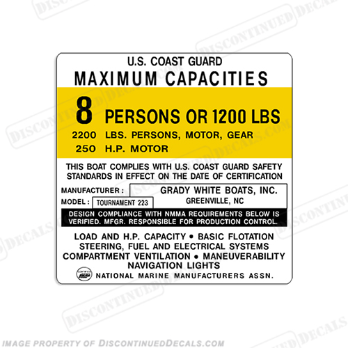 Grady White Tournament 223 Capacity Decal - 8 Person capacity, plate, sticker, decal, INCR10Aug2021