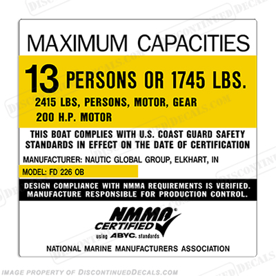 Nautic Global Group FD 226/226F OB Capacity Plate Decal - 13 Person INCR10Aug2021