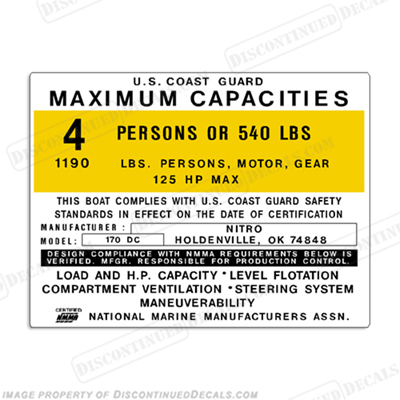 Nitro 170 DC Capacity Decal - 4 Person capacity, plate, sticker, decal, 170dc, INCR10Aug2021