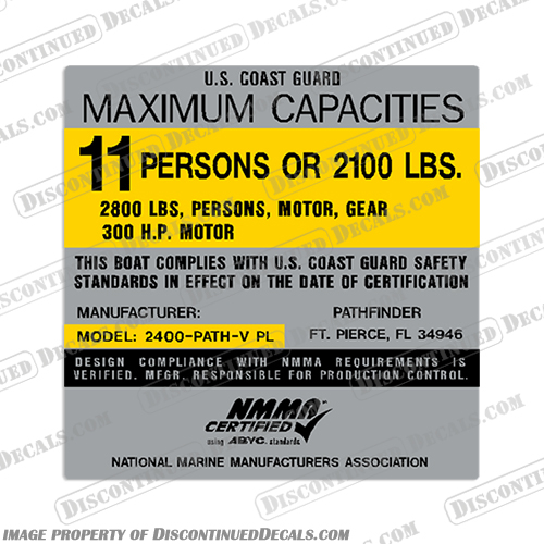 Boat Capacity Plate Decal - Pathfinder 2400 - 11 Person Capacity, plate, boat, decal, decals, path, finder, pathfinder, 2400, 11, person, people,