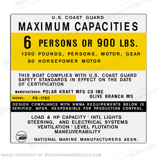 Polar Kraft PS-1780 6 Person Boat Capacity Plate Decal INCR10Aug2021