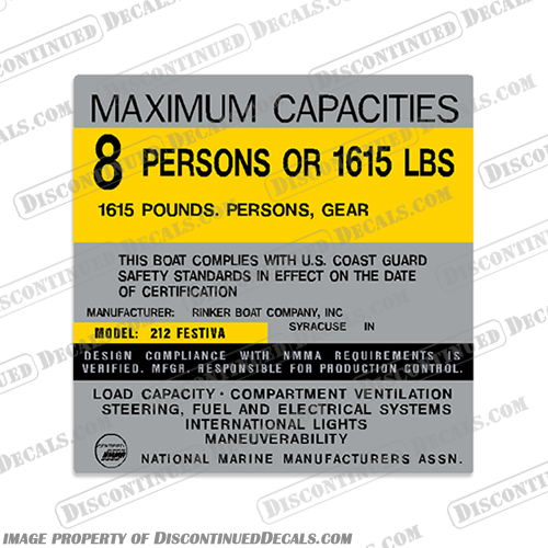 Rinker 212 Festiva Boat Capacity Decal - 8 person Rinker, 212, Festiva, Boat, Capacity, Decal, Decals, 8, Eight, Person, people,