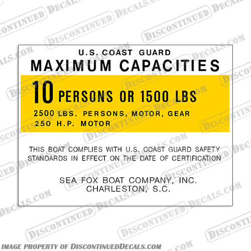 Sea Fox Boat Capacity Decal - 10 Person capacity, plate, sticker, decal, Sea, fox, boat, 10, person, people, persons,
