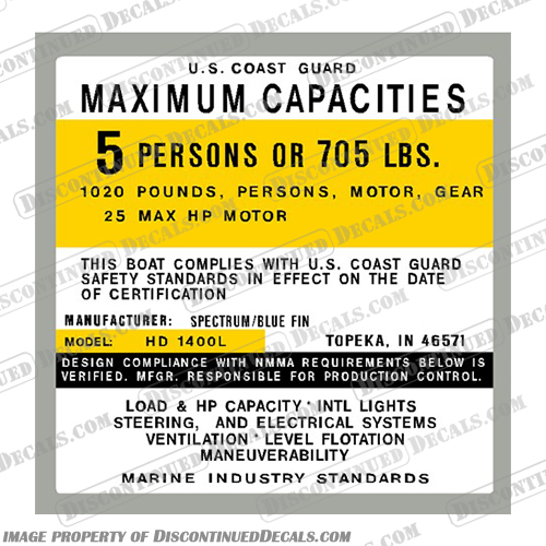 Spectrum Blue Fin HD 1400L Boat Capacity Decal - 5 Person spectrum, blue, fin, hd, 1400, 1400L, L, Boat, Capacity, Decal, Decals, 5, person, 705, pounds,