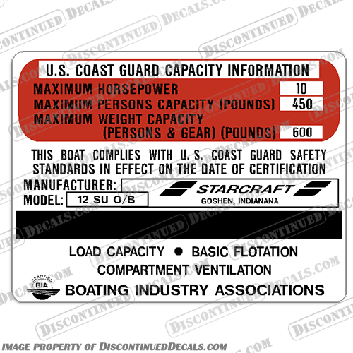 1973 Starcraft 12SU O/B Capicity Plate Decal capacity, plate, sticker, decal, star, craft, starcraft, manufacturing, outboard, 1973