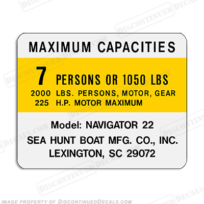 Sea Hunt Navigator 22 Capacity Decal - 7 Person seahunt, INCR10Aug2021