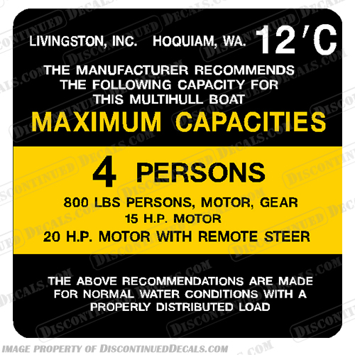 Livingston 12 C Capacity Decal - 4 Person capacity, plate, decal, livingston, 12, ft, 4, Person