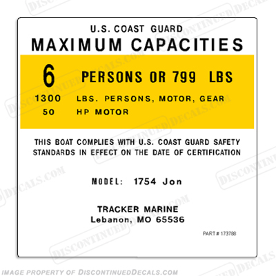 Tracker Marine 1754 Jon Capacity Decal - 6 Person INCR10Aug2021