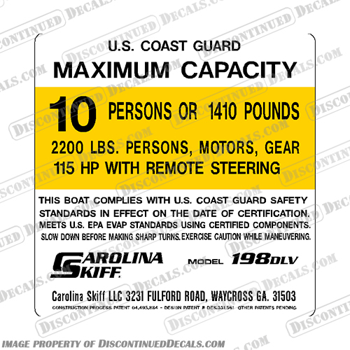 Carolina Skiff 198 DLV Decal - 10 Person carolina, skiff, boats, 198, dlv, 10, person, boat, capacity, decal, sticker, 198 dlv, 198dlv
