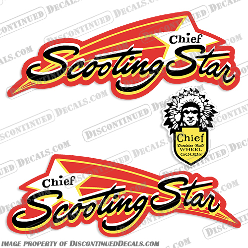 1940s Chief Scooting Star Scooter Decals 1940, 1941, 1942, 1943, 1944, 1945, 1946, 1947, 1948, 1949, 1940s, 1940s, chief, scooting, star, scooter, shooting, decal, decals, kit